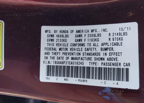 2012 Acura Tl Auto z USA, uszkodzony, nr VIN 19UUA8F21CA016245